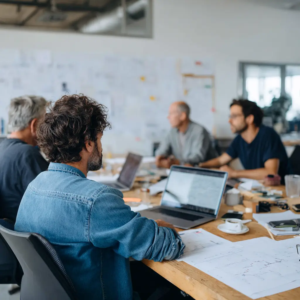 Team of professionals engaged in a strategic planning session with laptops, documents, and charts on the table.