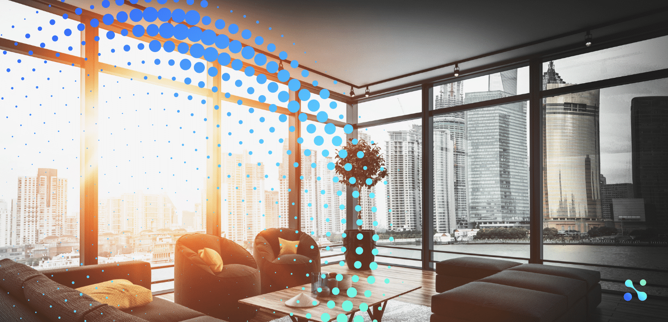 Modern office lounge with panoramic city skyline view, representing global finance and cryptocurrency investments.