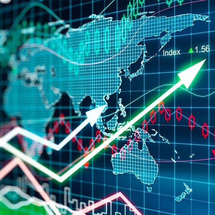 Global stock market indices with rising trend lines and growth indicators on a digital world map.